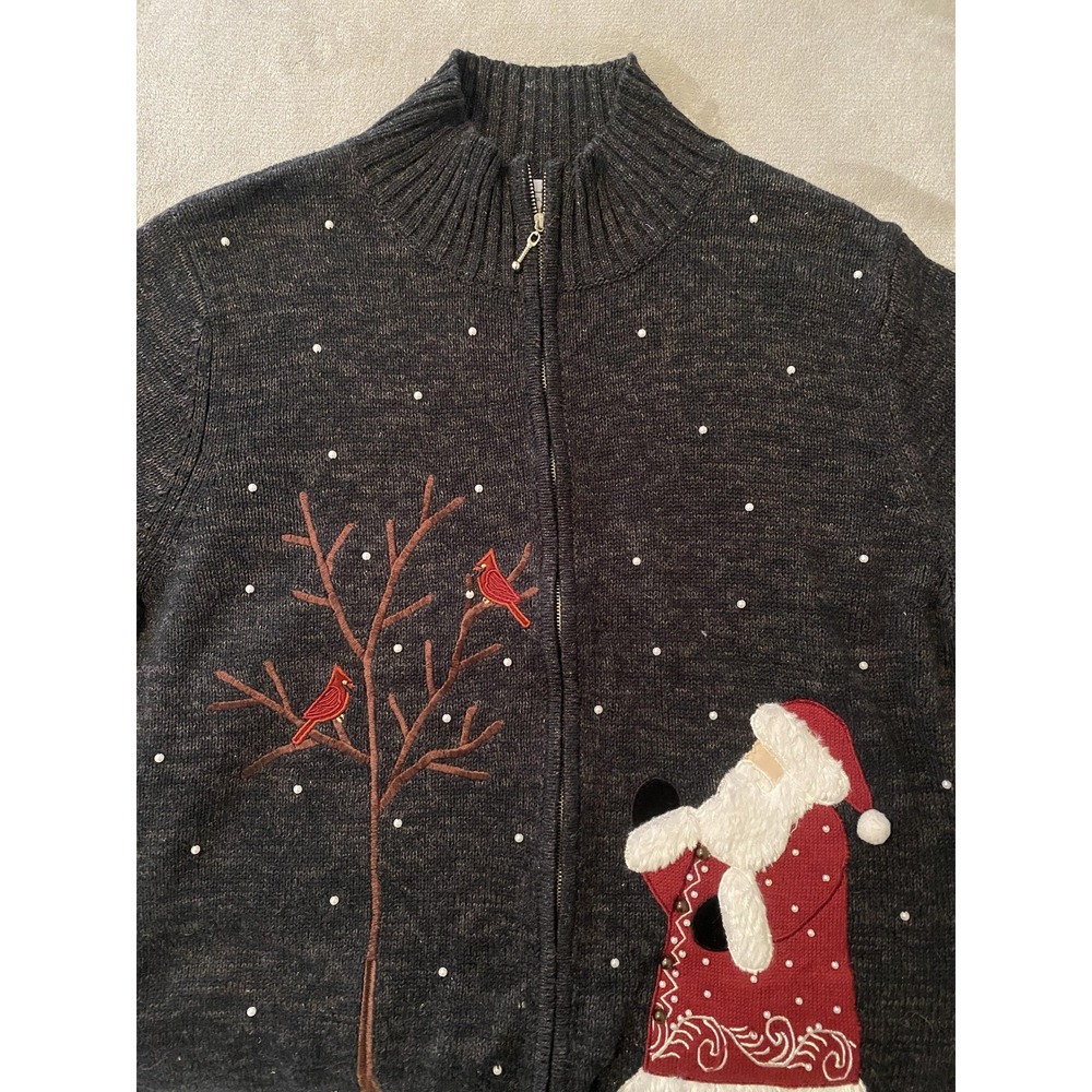 Mandal Bay Sweater Womens XL Gray Full Zip Cardigan Santa Cardinals Holiday Xmas